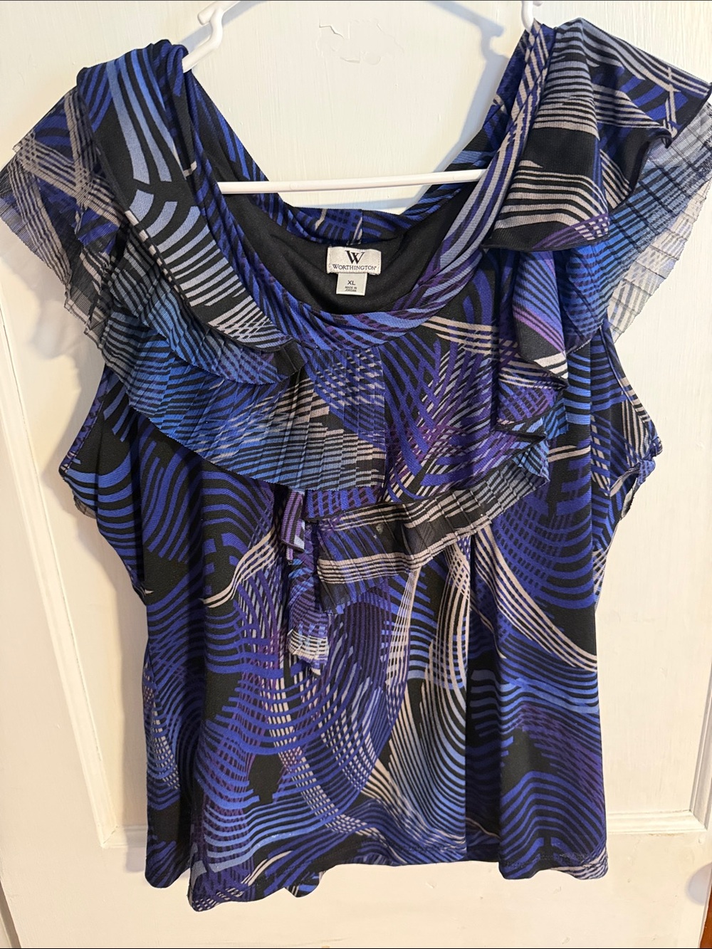 Worthington Blue & Black Abstract Ruffle Sleeve Top